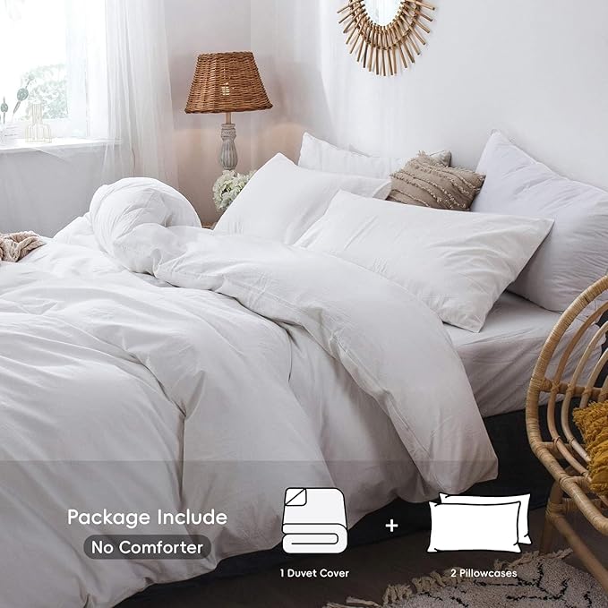 MooMee Bedding Duvet Cover Set 100% Washed Cotton Linen Like Textured Breathable Durable Soft Comfy (Solid Off White, Super Queen 90"x98")