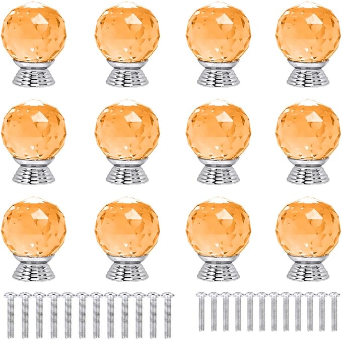 12 Pcs 30mm Round Shape Crystal Glass Cabinet Knobs with Screws Drawer Knob Pull Handle Used for Kitchen, Dresser, Door, Cupboard(Amber)
