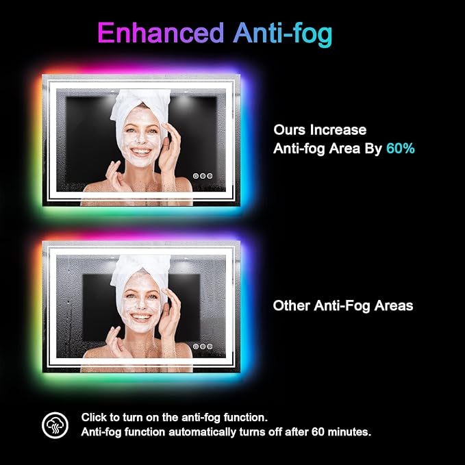 LED Mirror for Bathroom, 48"X36" with 8 RGB Backlit +3 Front Lit (Adjustable Individually), Anti-Fog, Large Lighted Bathroom Vanity Mirror for Wall,Shatterproof,Memory Function,Tempered Glass