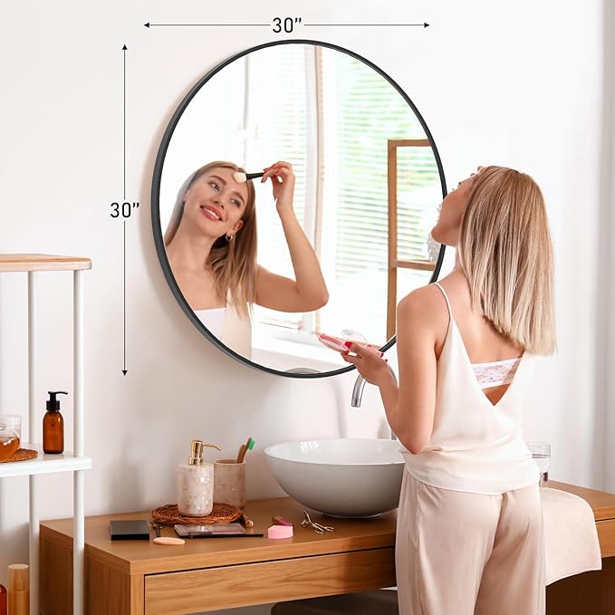 Sweetcrispy 30in Round Bathroom Mirrors for Wall, Bathroom Mirrors for Over Sink, Wall Decor for Bathroom, Entryway, Bedroom, Vanity, Classical Black
