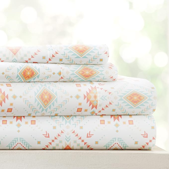 Linen Market Patterned Microfiber King Sheet Set 4 Piece – Oeko-TEX Certified Ultra Soft & Wrinkle-Free - 16" Deep Pocket Sheets - Easy Care King Size - Aztec Dreams Coral