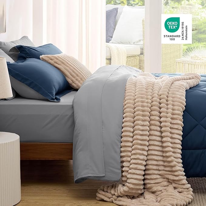 Bedsure Oversized Queen Comforter Set - 7 Pieces Reversible Navy Bedding, Oversized Queen Size Bed Set for All Seasons, Bed in a Bag with Down Alternative Comforter, Sheets, Pillowcases & Shams