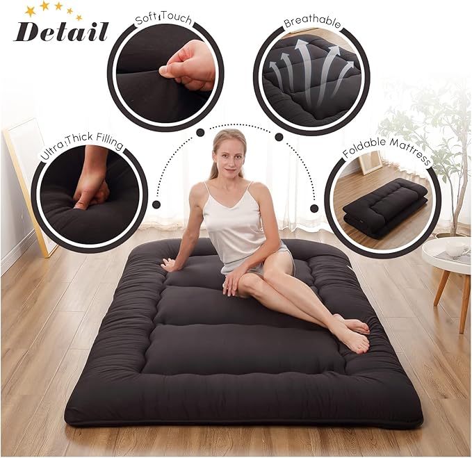 Japanese Floor Mattress, Futon Mattress with Portable Storage Bag and Washable Cover, Roll Up Thick Tatami Mat Suitable for Camping, Guest Room, Black, Twin