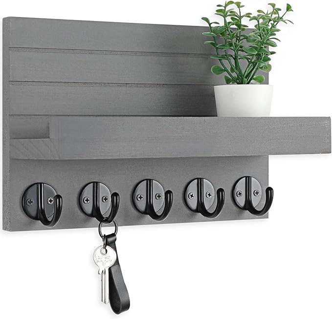 Key Holder for Wall, Decorative Key and Mail Holder with Shelf Has Large Key Hooks for Bags, Coats, Umbrella – Paulownia Wood Key Hanger with Mounting Hardware (9.8”W x 6.7”H x 4.2”D)