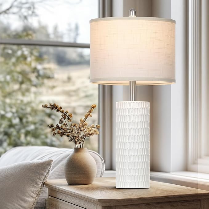 27" Ceramic Table Lamp, Farmhouse Table Lamp for Living Room, White Lamp for Bedroom, Night Stand, Modern Bedside Lamp Set of 2, End Table Lamps, White(2 Bulbs Included)