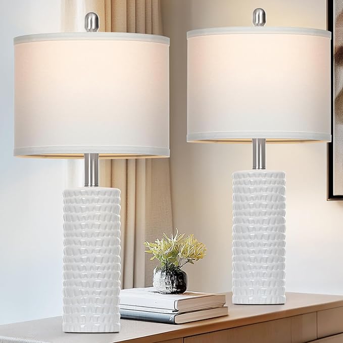 24.5" Modern Ceramic Table Lamps for Living Room ，Farmhouse Nightstand Lamps Set of 2 with White Linen Shade Office Reading Lamp ，Bedroom Lamps for Bedside End Table, Bedroom, Living Room, White