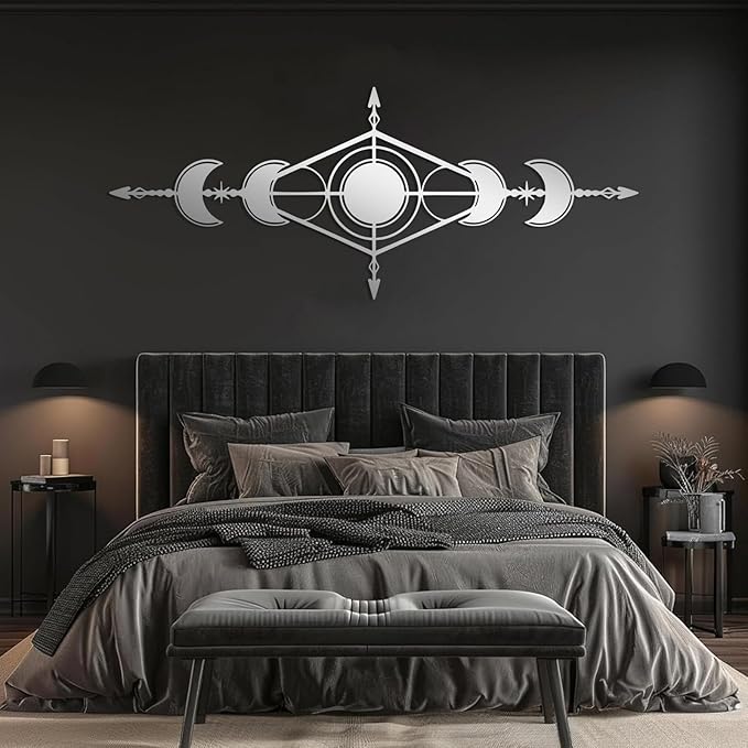 Hfrolixit Moon Phase Metal Wall Decor, Boho Moon Metal Wall Art, Celestial Wall Decor, Scandinavian Natural Wall Art, Astrology Wall Hanging (Silver, 53"x21"/135x54cm)
