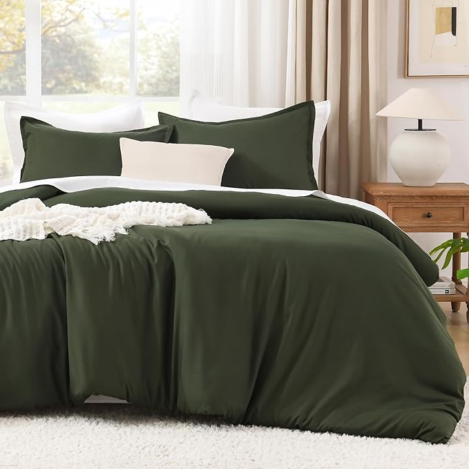 Litanika Dark Olive Green Comforter Set King, 3 Pieces Solid Bedding Comforter Set, All Season Fluffy Bed Set (104x90In Comforter & 2 Pillowcases)