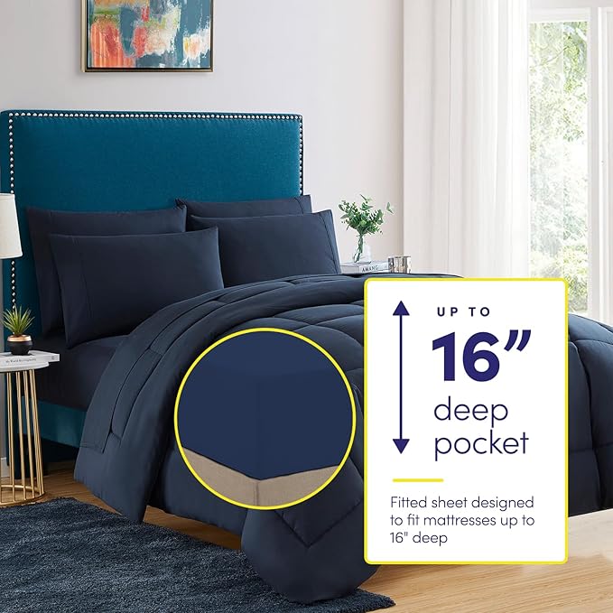 Sweet Home Collection RV Short Queen Comforter Set for RV Camper - Comforter Set with Fitted & Flat Sheet, 4 Pillowcases - Tailored for RV Short Queen Beds - Cozy Essentials for Your RV Bedroom, Navy