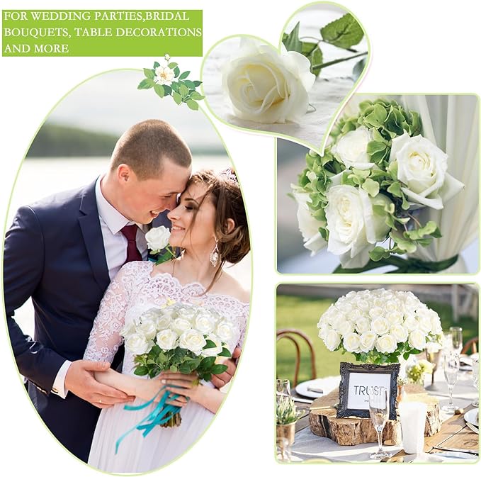 Hananona Artificial Roses in Bulk, Fake Velvet Silk Roses Realistic Rose for Wedding Centerpieces Flower Arrangement Home Decor (50, White)