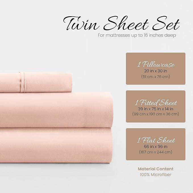 Linen Market Double-Brushed Microfiber Twin Sheet Set 3 Piece – Oeko-TEX Certified Ultra Soft & Wrinkle-Free - 16" Deep Pocket Sheets - Easy Care Twin Size - Blush