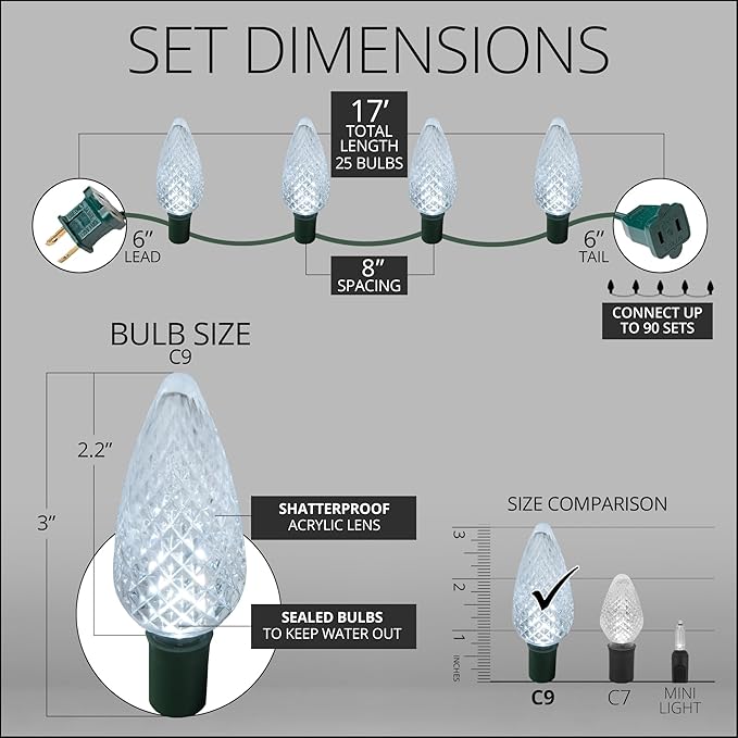 C9 LED Faceted Cool White Prelamped Light Set, Green Wire - 25 C9 Cool White LED Christmas Lights, 8" Spacing