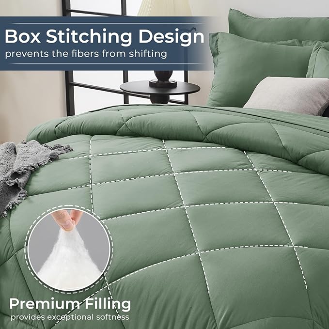 HEVUMYI Sage Green Twin-XL Comforter Set - 5-Piece All Season Bed in a Bag Twin-XL, Ultra Soft Bedding Set with Comforter, Flat Sheet, Fitted Sheet, Pillowcases, Pillow Shams, Sage Green