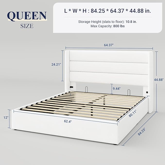 Allewie Queen Size Velvet Lift Up Storage Bed, Modern Wingback Headboard, Hydraulic Support, No Box Spring Needed, White