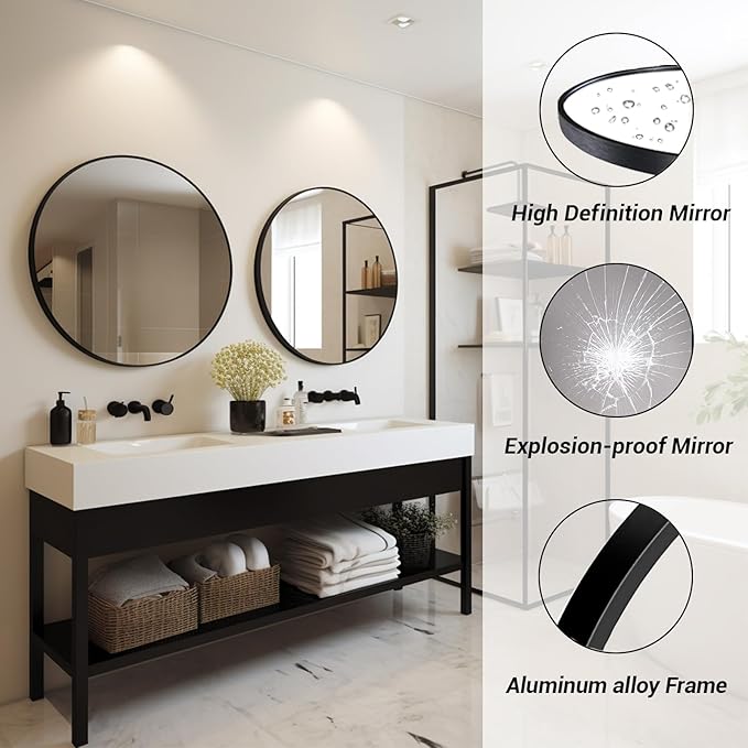 Round Mirror 22 inch, Black Circle Mirror, Round Wall Mirrors Metal Frame, Circle Mirrors for Living Room, Bathroom, Wall, Entryway, Rustic.
