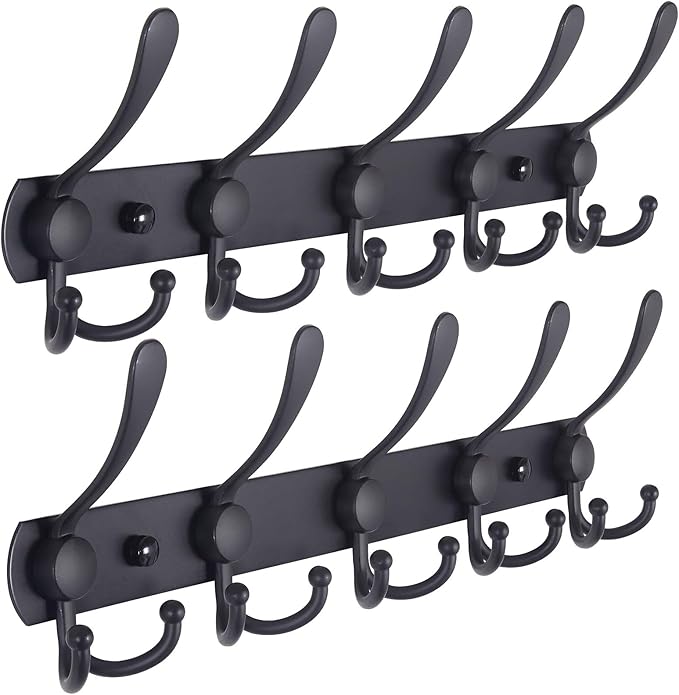 Dseap Coat Rack Wall Mounted - 5 Tri Hooks, Heavy Duty, Stainless Steel, Metal Coat Hook Rail for Coat Hat Towel Purse Robes Mudroom Bathroom Entryway (Black, 2 Packs)
