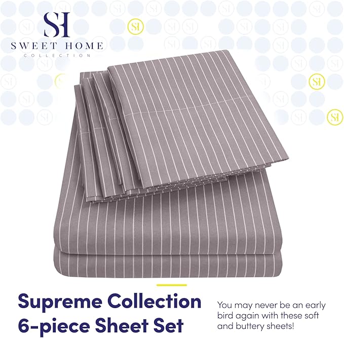 Full Size Bed Sheets - 6 Piece 1500 Supreme Collection Fine Brushed Microfiber Deep Pocket Full Sheet Set Bedding - 2 Extra Pillow Cases, Great Value, Full, Pinstripe Gray