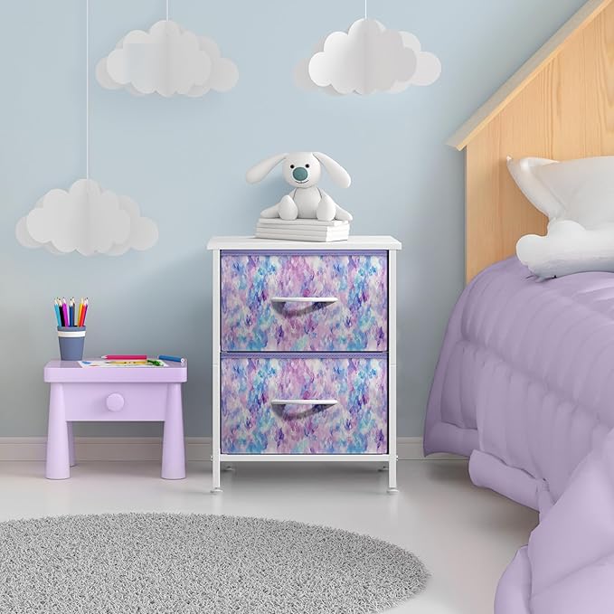 Sorbus Nightstand with 2 Drawers - Kids Bedside Furniture End Table Night Stand - Steel Frame, Wood Top & Easy Pull Fabric Bins - Dresser & Chest for Home, Bedroom Accessories, Office & College Dorm
