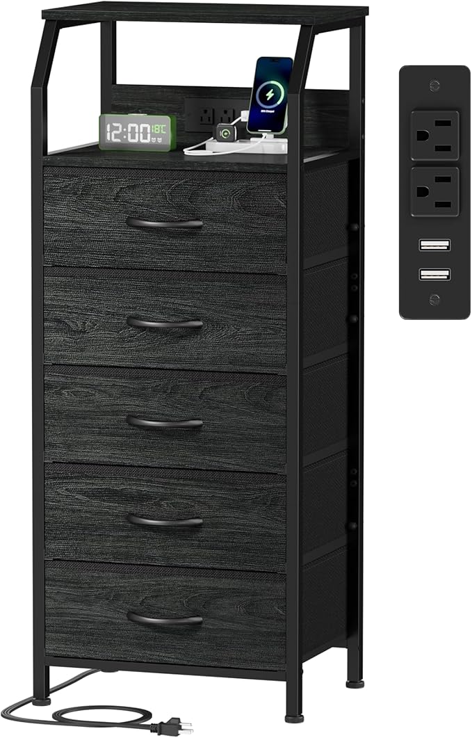 Furnulem 5 Drawers Dresser with Charging Station, Fabric Chest of Drawers with Open Shelf, Tall Night Stand, Bedside Table for Closet, Entryway, Bedroom Furniture, 3 Ways to Use, Black Oak