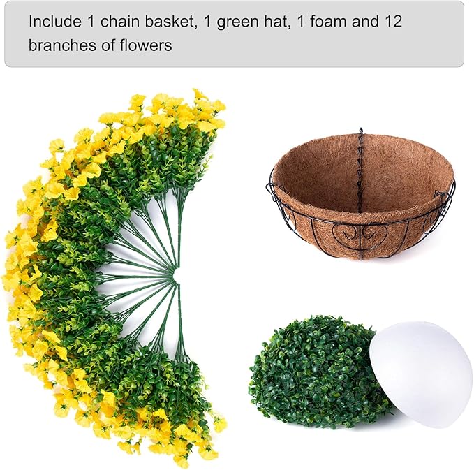 Artificial Fake Hanging Flowers Plants Baskets for Outdoor Decoration, Faux Silk Morning Glory in Planter UV Resistant Realistic for Home Outside Porch Patio Balcony Garden Yard Home Decor, Yellow