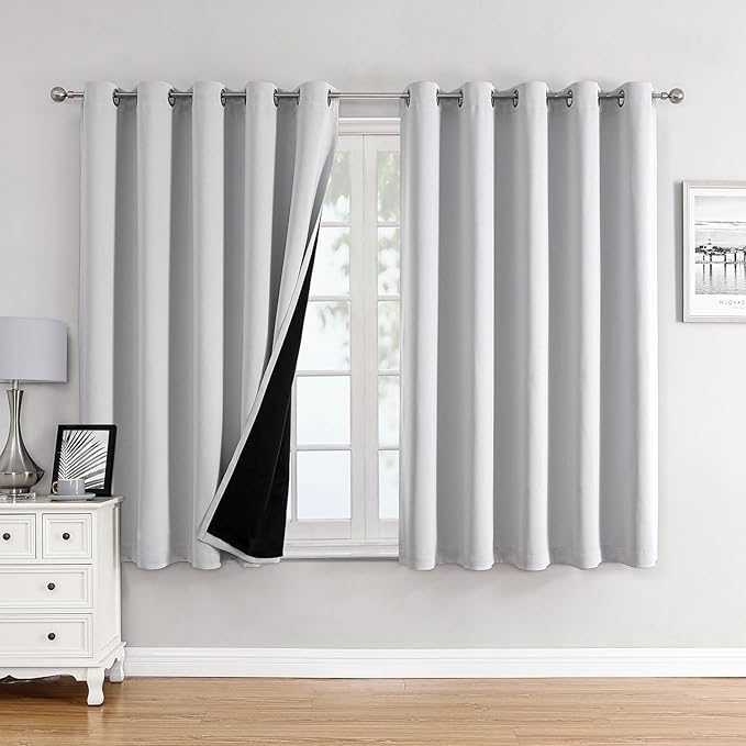 ChrisDowa 100% Blackout Curtains 63 inch Long for Bedroom with Black Liner, Extra Wide 2 Layers Total Blackout Thermal Insulated Grommet Window Curtains 2 Panels Set (Greyish White, 60 x 63 Inch)