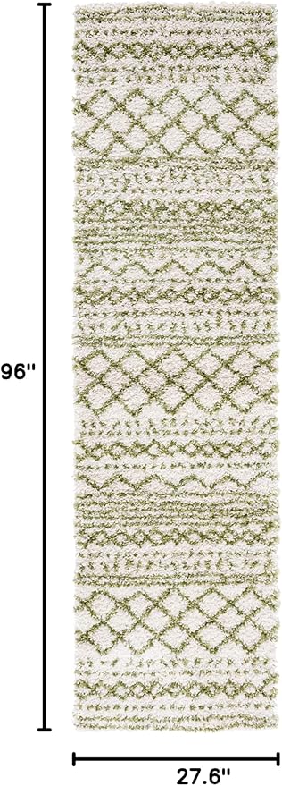 SAFAVIEH Arizona Shag Collection Runner Rug - 2'3" x 8', Ivory & Green, Moroccan Design, Non-Shedding & Easy Care, 1.6-inch Thick Ideal for High Traffic Areas in Living Room, Bedroom (ASG741Y)