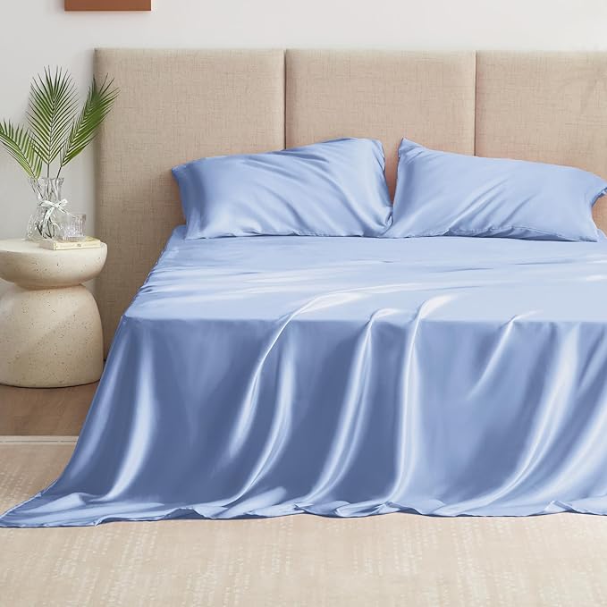 Love's cabin Satin Sheet Set - 3 Piece Sky Blue, Luxury Silky Feel, Twin Size, Deep Pockets, Wrinkle Resistant