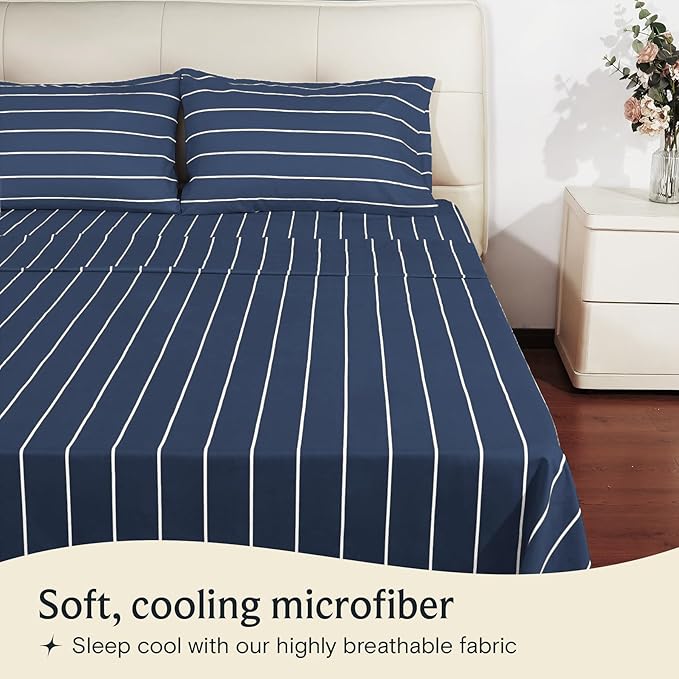 LuxClub 4 PC Cal King Size Sheet Set Bed Sheets, Breathable Luxury Deep Pockets Wrinkle Free Cooling Sheets Machine Washable Hotel Bedding (Cal King, Striped Navy)