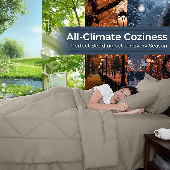 HEVUMYI Oatmeal Queen Comforter Set - 7-Piece All Season Bed in a Bag Queen, Ultra Soft Bedding Set with Comforter, Flat Sheet, Fitted Sheet, Pillowcases, Pillow Shams