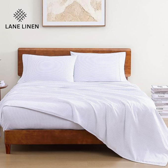 LANE LINEN 100% Organic Cotton Printed California King Sheets Set, 4-Piece All Season Fully Elasticized Deep Pocket Fits Mattress Upto 15", Mercerized Printed Cal King Sheet Set -Ticking Stripe Blue