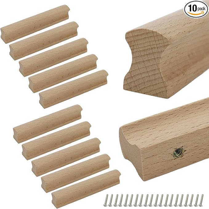 10Pcs Unfinished Beech Wood Solid Furniture Pulls Handles,Unfinished Unpainted Paintable Wooden Handles Cupboard Closet Drawer Handle Pull,Length 5.12",Hole Dis.3.78"