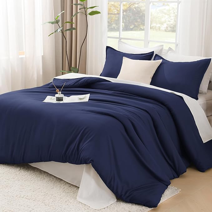 Litanika Navy Blue Comforter Set Queen Size, 3 Pieces Lightweight Solid Bedding Comforter Set, All Season Fluffy Down Alternative Bed Set (90x90In Comforter & 2 Pillowcases)