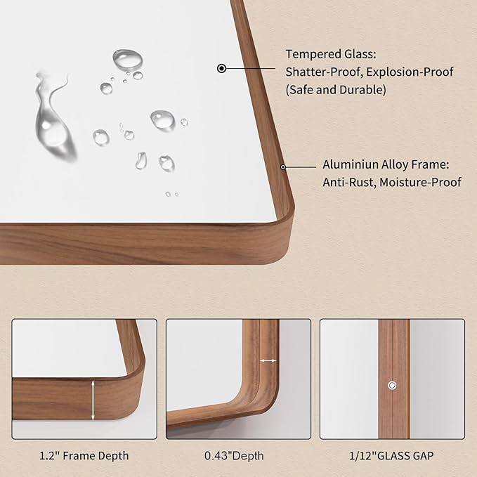 LOAAO 48X40 Inch Bathroom Mirror with Wood Grain Colored Metal Frame, Rounded Rectangle Metal Framed Bathroom Mirror, Anti-Rust, Hangs Horizontally or Vertically, Tempered Glass