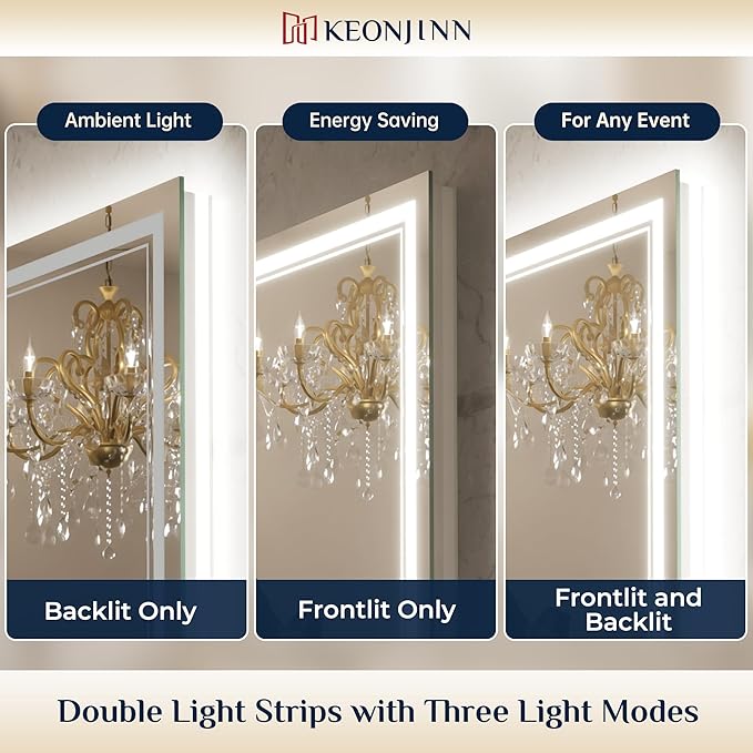 Keonjinn LED Bathroom Mirror 40” x 24” with Frontlit and Backlit, Stepless 3 Colors Temperature & Dimmable Vanity Mirror, UL Listed LED Driver, Double Light Strips, Tempered Glass Mirror with Lights