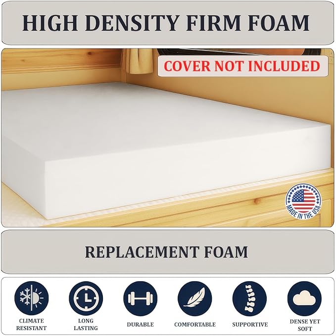 Foamma 6” x 38” x 80” Truck, Camper, RV High-Density Bunk Mattress Foam Replacement, Made in USA, Comfortable, Travel Trailer, CertiPUR-US Certified, Cover Not Included