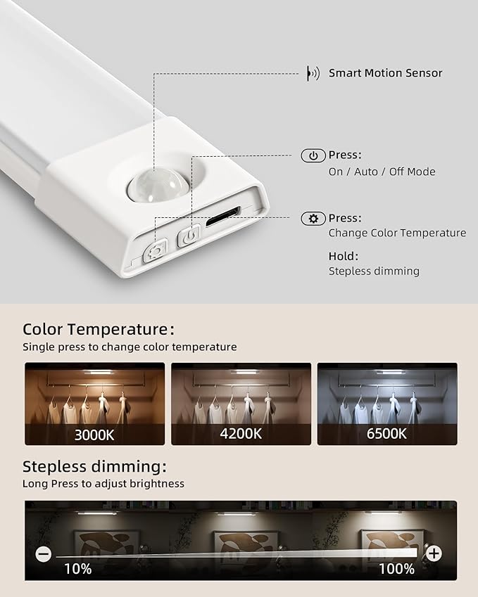 EZVALO 6-Pack Under Cabinet Lighting, 7.8" Wireless Closet Lights, 30 LED Rechargeable Motion Sensor Light, Dimmable, 3 Color Temperatures, Counter Lights for Kitchen, Pantry, Bedroom, Wardrobe