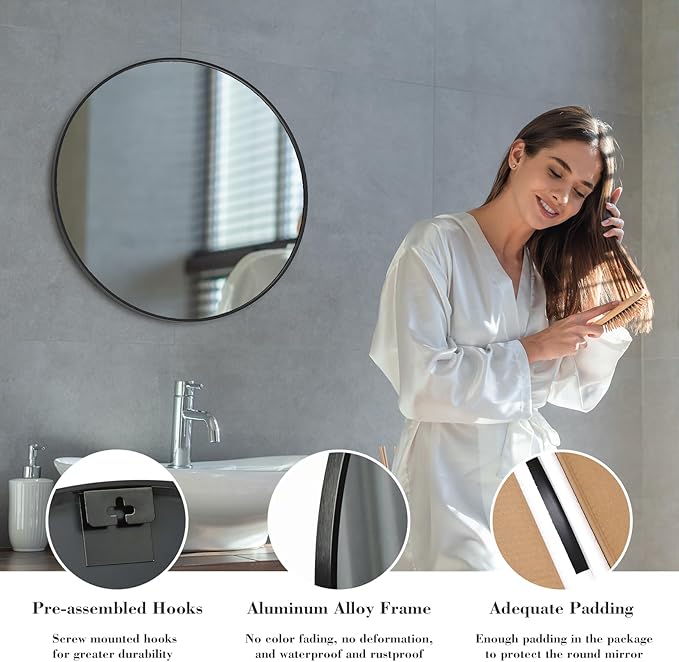 Sweetcrispy 24in Round Bathroom Mirrors for Wall, Bathroom Mirrors for Over Sink, Wall Decor for Bathroom, Entryway, Bedroom, Vanity, Classical Black