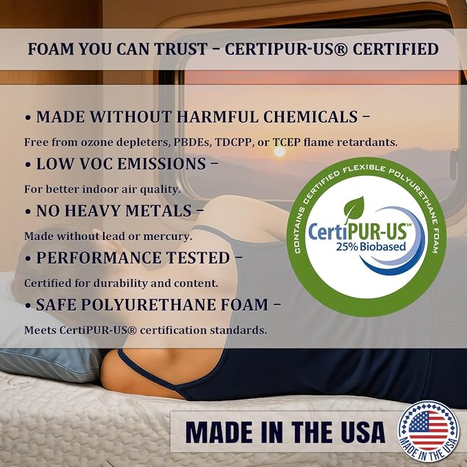 Foamma 3” x 35” x 79” Camper/RV Travel High-Density Bunk Mattress, Washable Organic Cotton Cover, Made in USA, Comfortable, Travel Trailer, CertiPUR-US Certified