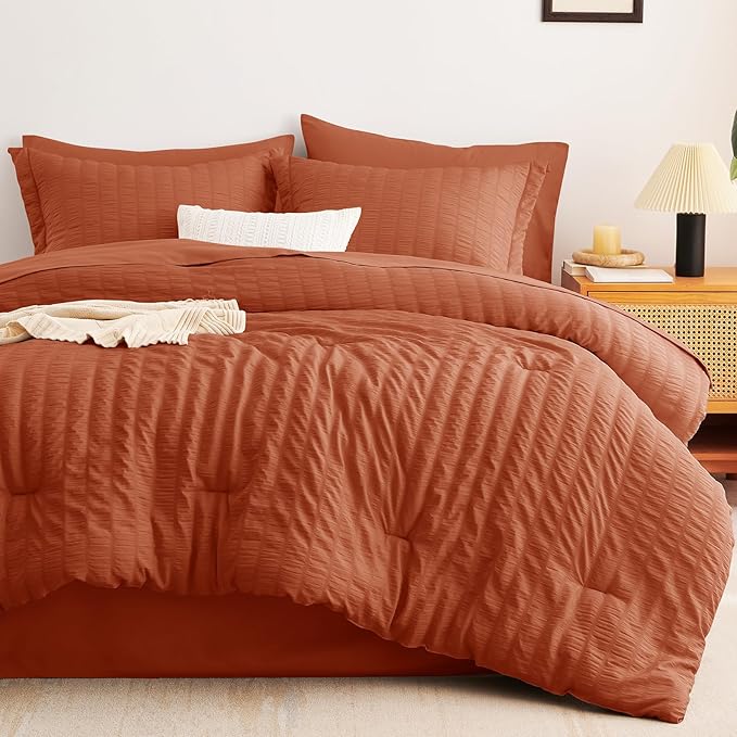 CozyLux King Size Comforter Set Burnt Orange Seersucker 7 Pieces Bed in a Bag King Comforter Set with Sheets Terracotta Luxury Bedding Set with Down Alternative Comforter, Sheets, Pillowcases & Shams