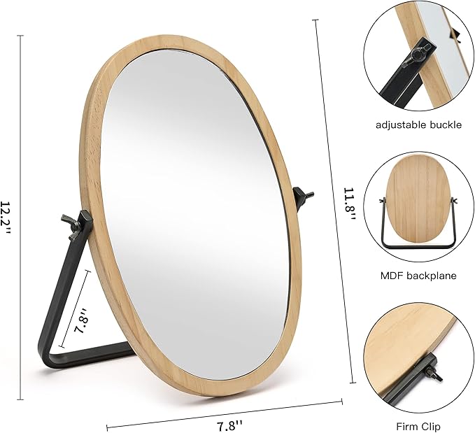 Generic Vanity Makeup Table Mirror - Desk Mirrors 360 Adjustable Rotation,Wood Framed Small Standing Mirror for Bedroom,Tabletop,Office,Antique,Dresser,Countertop 11.8'' x 7.8''