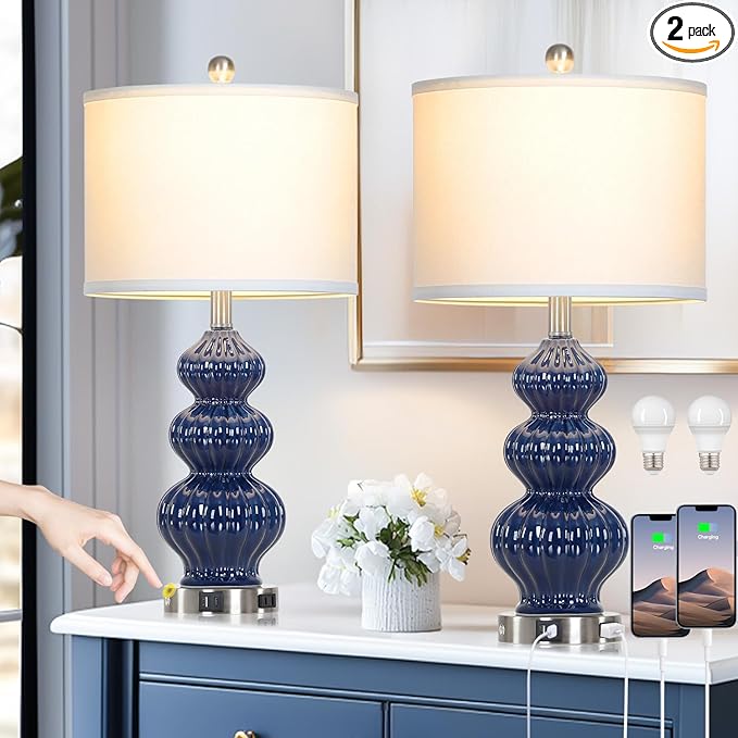 26" Blue Table Lamp Set of 2 with USB A+C Ports & AC Outlet, Ceramic Table Lamps Classic Beside Lamps Nightstand Lamp Modern Table Lamp for Living Room,LED Bulbs Included