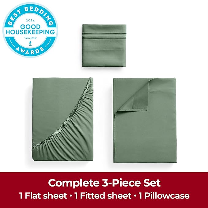 Mellanni Twin Sheets Set - 3 PC Iconic Collection Bedding - Hotel Luxury, Extra Soft, Cooling Bed Sheets - Wrinkle, Fade, Stain Resistant (Twin, Sage)