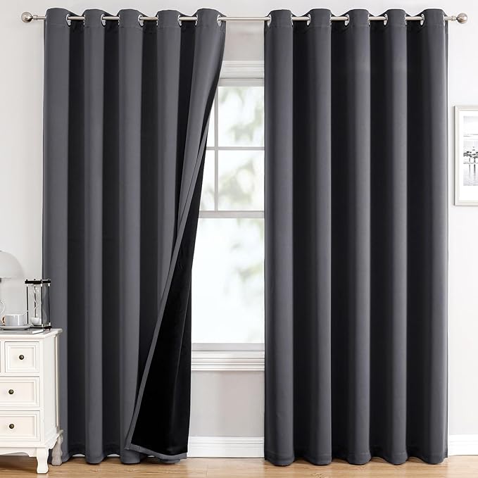 ChrisDowa 100% Blackout Curtains 84 inch Long for Bedroom with Black Liner, Extra Wide 2 Thick Layers Total Blackout Thermal Insulated Grommet Window Curtains 2 Panels Set (Dark Grey, 60 x 84 Inch)