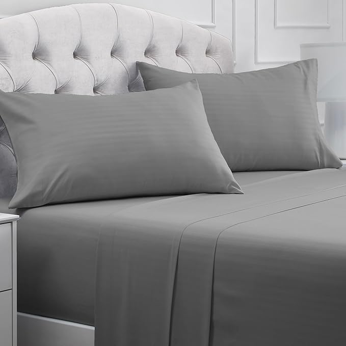 Mellanni Queen Sheets Set - 4 PC Iconic Collection Bedding - Hotel Luxury, Extra Soft, Cooling Bed Sheets - Wrinkle, Fade, Stain Resistant (Queen, Striped Gray/Silver)