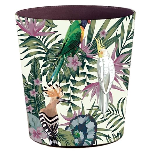 10L/2.64 Gallon Trash Can, Decorative Waste Basket, PU Leather Waste Paper Basket, Waterproof Garbage Can for Bathroom, Bedroom, Office, Kitchen and Living Room - Green and White Bird