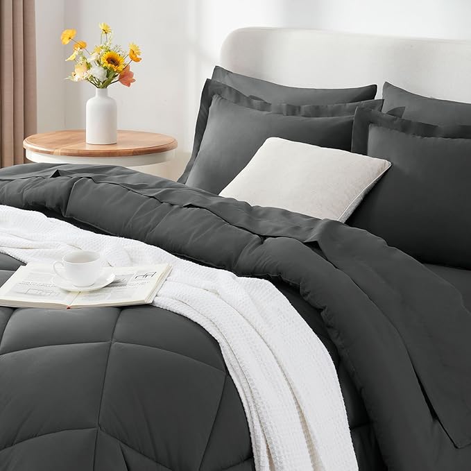 CozyLux Oversized King Comforter Set Dark Grey, 7 Pieces Bed in a Bag Comforter Set with Sheets Luxury Bed Set for All Seasons, Bedding Set with Down Alternative Comforter, Sheets, Pillowcases & Shams
