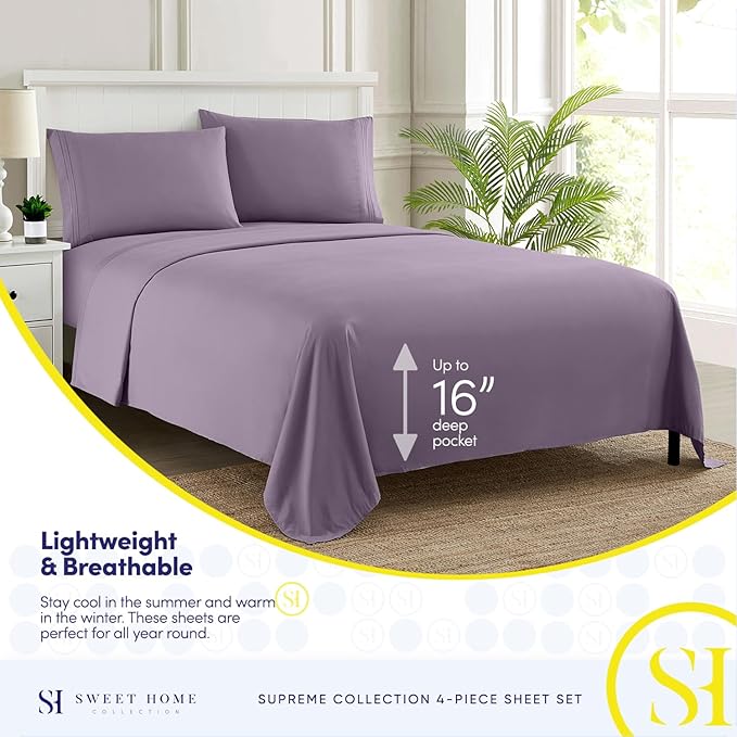King Size Sheets - Breathable Luxury Bed Sheets with Full Elastic & Secure Corner Straps Built In - 1800 Supreme Collection Extra Soft Deep Pocket Bedding Set, Sheet Set, King, Plum