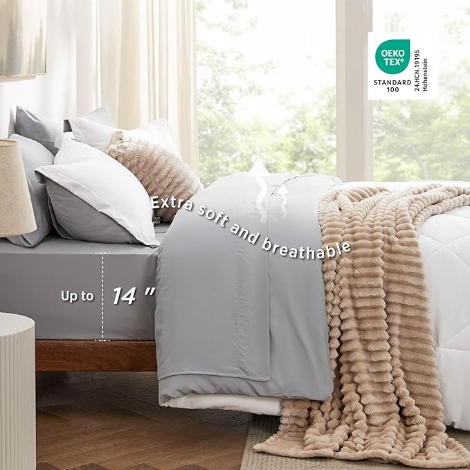 Bedsure Twin XL Comforter Set - 5 Pieces Reversible White and Grey Bedding, Twin XL Bed Set for All Seasons, Bed in a Bag with Down Alternative Comforter, Grey Sheets, Pillowcase & Sham