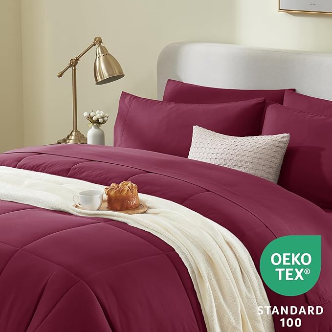 CozyLux Queen Comforter Set Burgundy, 7 Pieces Bed in a Bag, Red Comforter Queen Size, All Season Bedding Sets with Stitch Quilted Comforter, Flat Sheet, Fitted Sheet, Pillowcases