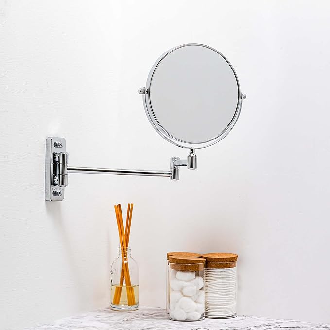 OVENTE 7" Wall Mounted Makeup Mirror with 1X/7X Magnification, Double Sided Magnifying Round Bathroom Vanity Mirror, 360° Swivel Design, Extendable and Folding Arm, Polished Chrome MNLFW70CH1X7X
